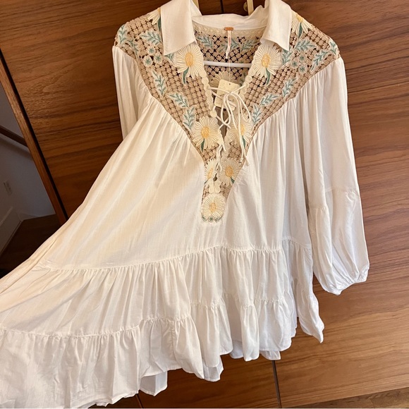 NWT Free People Chain Of Daisies Embroidered Ruffle Dress Tunic / Ivory Combo - Picture 7 of 13